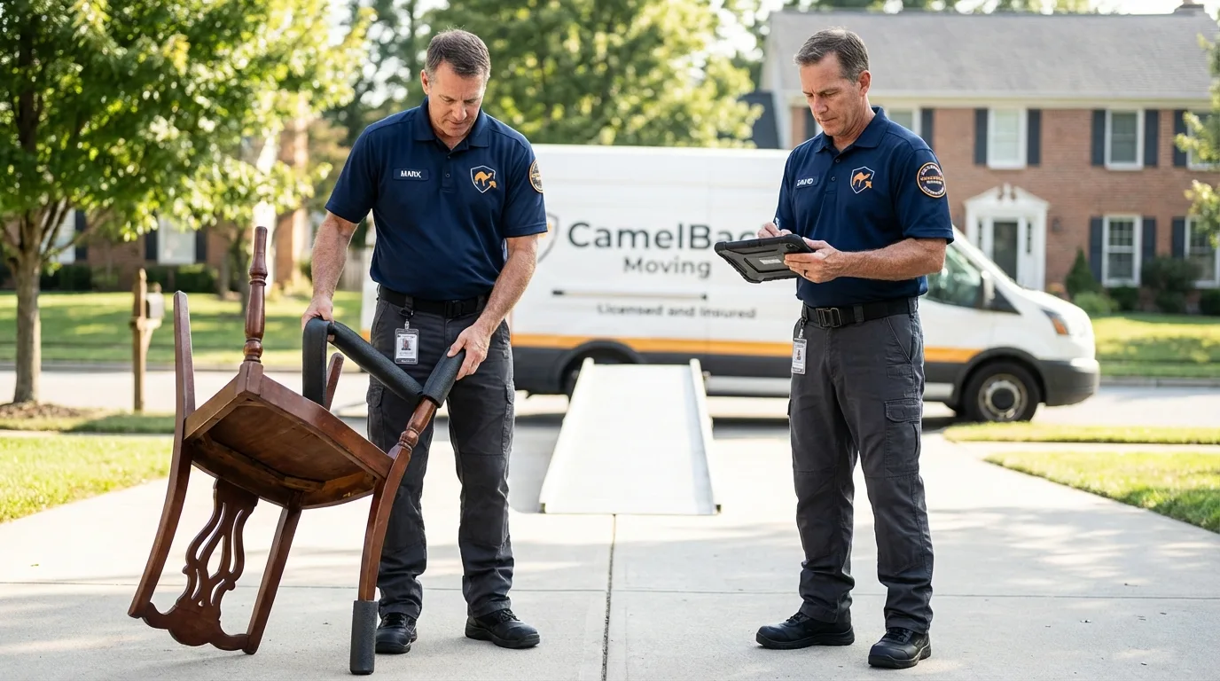 Movers inspecting furniture for damage prevention before loading in Grafton, OH
